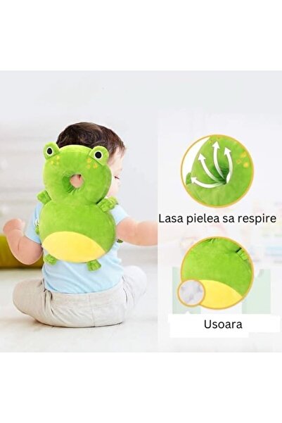 Flippy Head Protection Backpack Pillow, Flippy, Frog-Shaped Headrest for Babies, 33x6x19 cm, 180 g, Green
