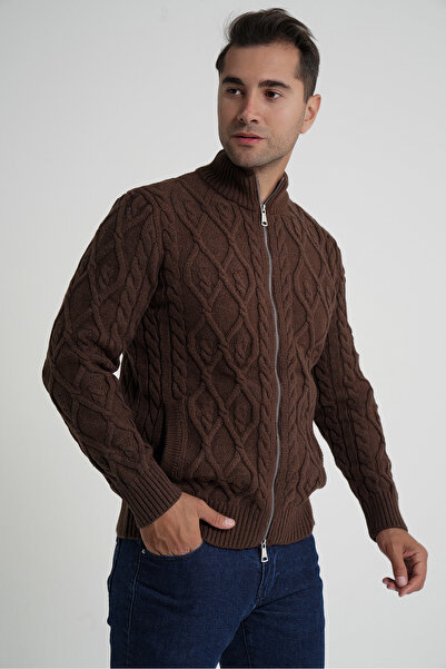 Trist Star Men's Coffee Pocket Zippered Walking Hair Braided Wool Cardigan Trist-5355