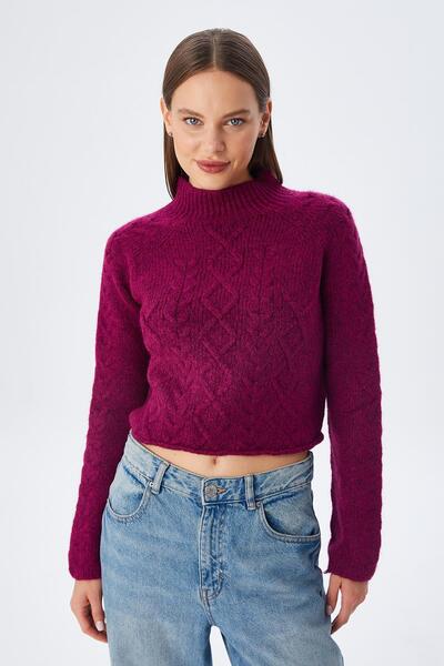 Mixray 6855 Ženski Visoka kragna pleteni džemper od pletenice ljubičaste boje