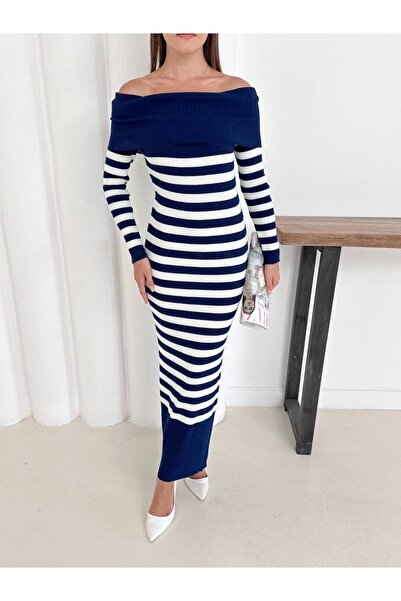 Lusin Жіноча темно-синя сукня з човниковим вирізом, еластична, середньої довжини, трикотажна