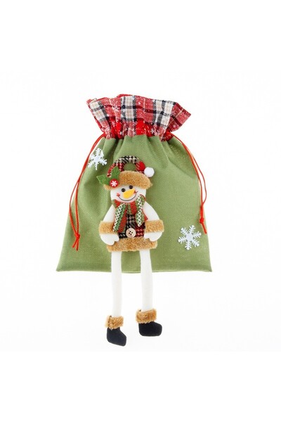 Flippy pungă cadou, temă om de zăpadă, textil, 30x25 cm, cu șnur de strângere, verde