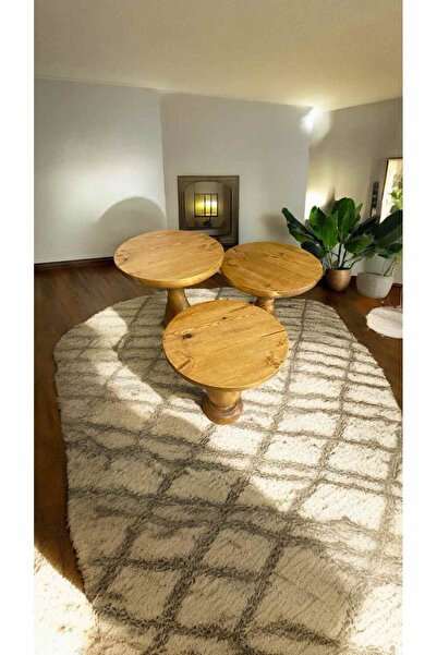 Simillo Home&Living Ahşap Mantar Sehpa Seti – 3’lü Tütün Renk Zigon Sehpa - Dekoratif Çiçeklik - Wooden Coffee Table
