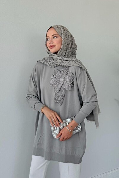 Şulemoda Giyim Merserize Çiçekli Tunik Gri