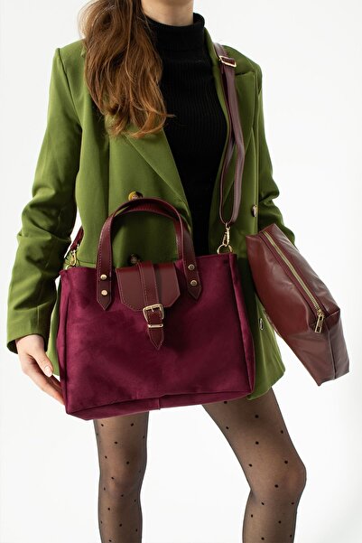 ESTUTE Lüks Süet ve Deri Detaylı Omuz çantası