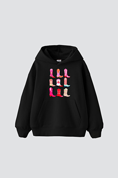 Bak Moda Hanorac negru supradimensionat unisex cu imprimeu distractiv de cowboy