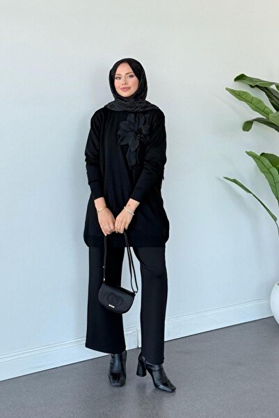 Şulemoda Giyim Merserize Çiçekli Tunik Siyah