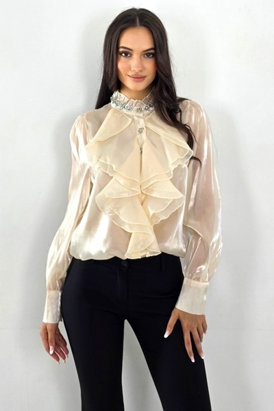 FashionForYou Κομψό, διαφανές πουκάμισο Costanza, με βολάν και κρύσταλλα, κρεμ