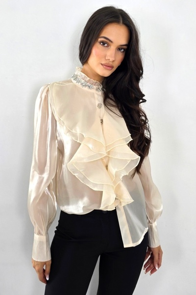 FashionForYou Κομψό, διαφανές πουκάμισο Costanza, με βολάν και κρύσταλλα, κρεμ