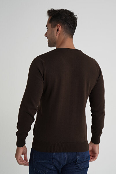 Trist Star Men's Brown 100% Cotton V-Neck Knitwear Sweater Trıst-1102