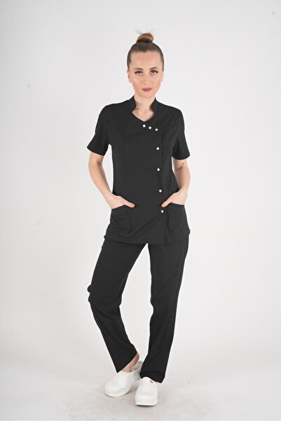 Nur Medikal Giyim Aylu Model Soft Lycra Black Nurse Doctor Chef Scrubs Uniform Set
