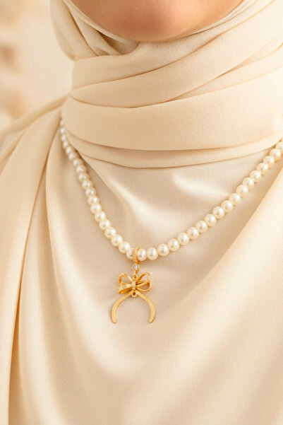 TwinsCollection Fiyonk Detaylı Yarımlı, Çeyrekli, Gram Altın Uyumlu İnci Kolye