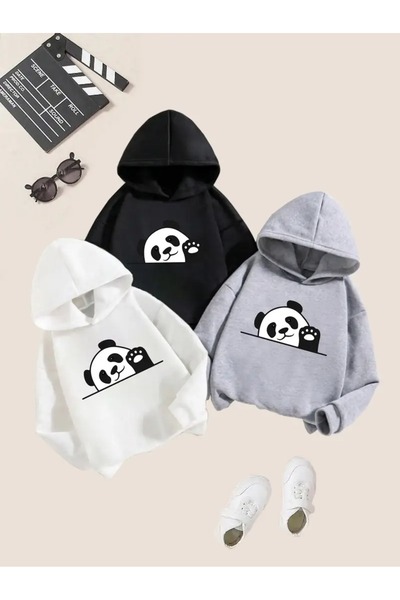 MORNİNG KİDS Fiú-lány gyerek 3 csomagos kapucnis panda mintás pulóver (FEKETE SZÜRKEFEHÉR)