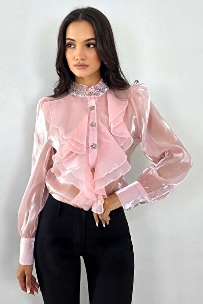 FashionForYou Camasa pentru evenimente Costanza, cu volane si cristale, ROZ