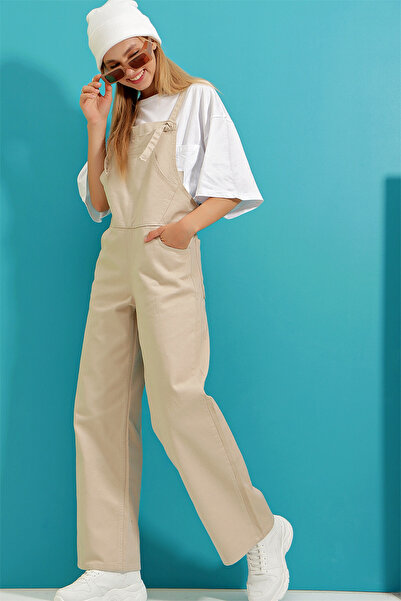 VAGGON Women's Beige Denim Overalls with Kangaroo Pocket Vgn-X9072