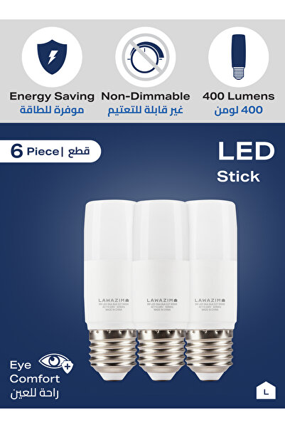 Lawazim 5W LED Stick Bulb E27 6 Pack - Daylight 6500K - 400 Lumens, 35W Equivalent, Non-Dimmable