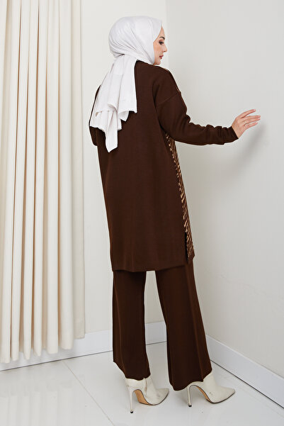 Kirazgym Half Zebra Detailed Comfortable Fit Women's Tunic and Pants Hijab Knitwear Set