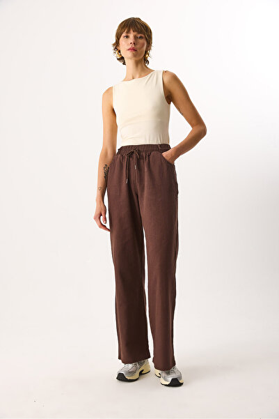 VENA Wide Leg 100% Cotton Trousers with Elastic Waist - Brown