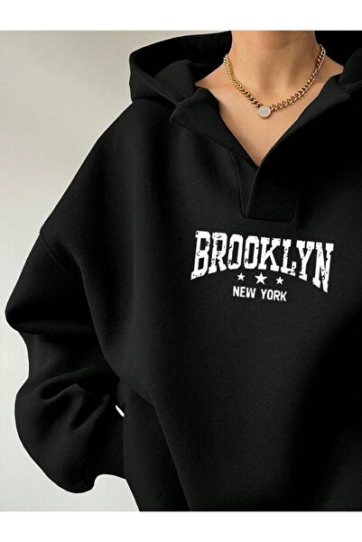 Deocept Φούτερ Unisex με λαιμόκοψη σε σχήμα V με τύπωμα με κουκούλα Basic oversized