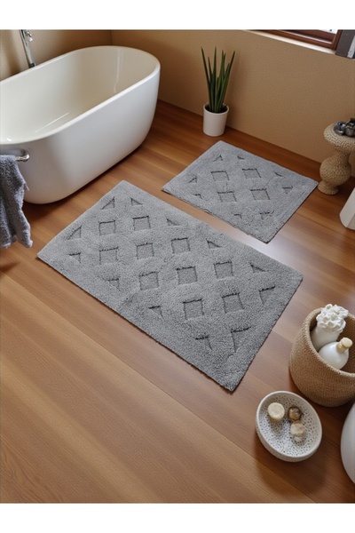 df home Lyraa Бавовняний набір килимків для ванної кімнати (60x100)(50x60) Сірий+-001