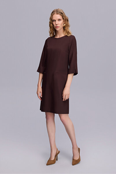 Naramaxx Cep Kapaklı V Yaka Diz Boy Kahve Elbise