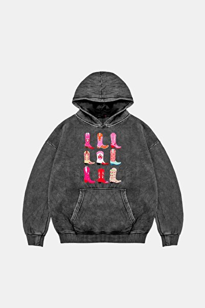 Bak Moda Hanorac negru oversize unisex lavabil cu imprimeu Fun Cowboy