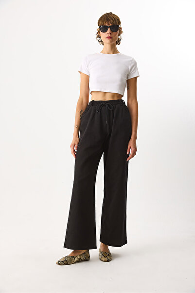VENA Wide Leg 100% Cotton Trousers with Elastic Waistband - Black