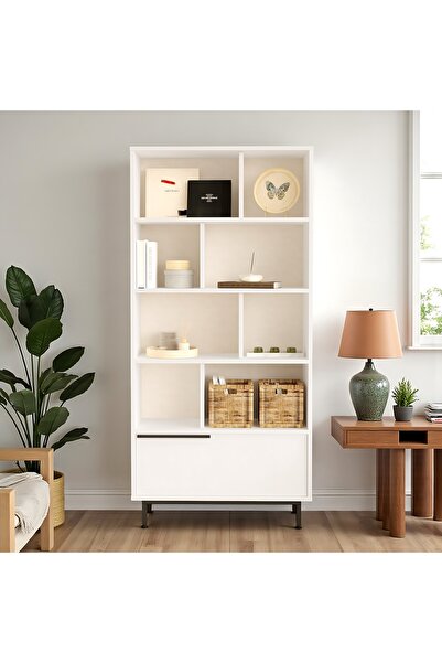 Robin Home Kitaplık Raf Metal Ayaklı 176cm Kapaklı Beyaz