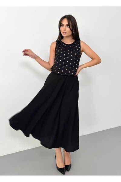 STEPS Üstü Varak Puanlı Midi Boy Kolsuz Elbise