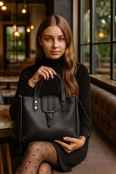 ESTUTE Kadın Şık Deri Görünümlü Omuz ve El Çantası – Makyaj Çantası Hediyeli