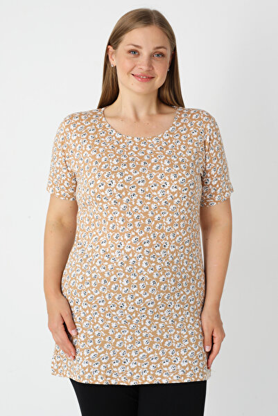 İntensive Patterned Beige Short Sleeve Cotton Women's Plus Size T-Shirt