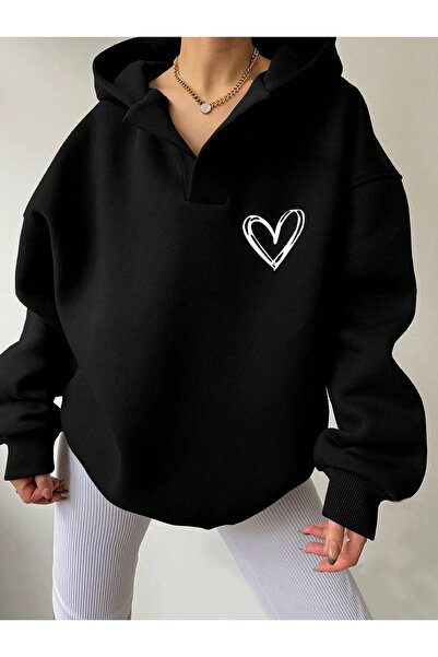 Deocept Φούτερ Unisex με λαιμόκοψη σε σχήμα V με τύπωμα με κουκούλα Basic oversized