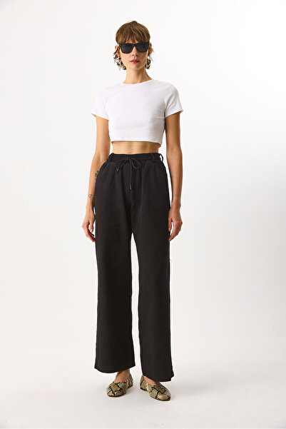 VENA Wide Leg 100% Cotton Trousers with Elastic Waistband - Black