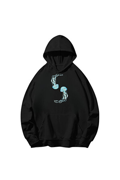 SVART WEAR سويت شيرت قطني بقلنسوة وأكمام طويلة مطبوع عليه قنديل البحر