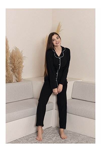 FORMO 100% Cotton Piping Shirt Collar Buttoned Long Sleeve Women's Pajama Set