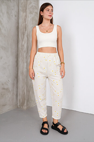 SheLoria Women's White Large Daisy Patterned Elastic Waist Double Pocket Line...