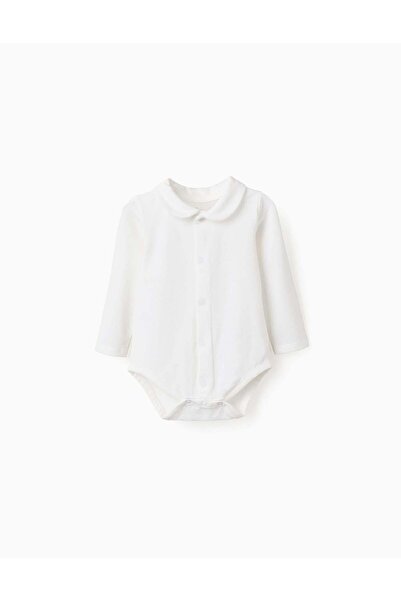 Ziddy بدلة جسم من القطن المرن مع ياقة بيتر بان لحديثي الولادة، باللون الأبيض