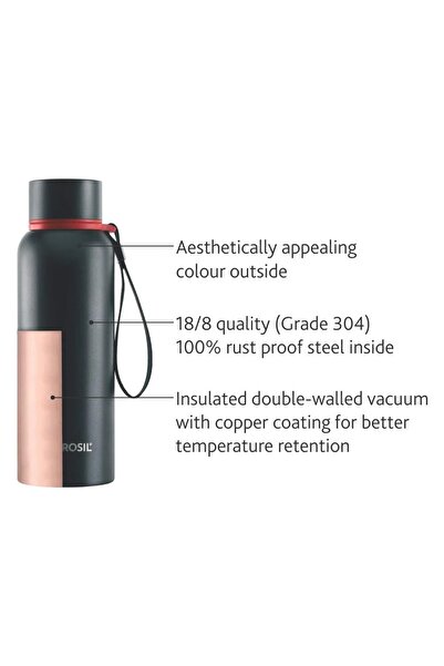 Borosil Stainless Steel Vacuum Insulated Water Bottle Black, 850ml