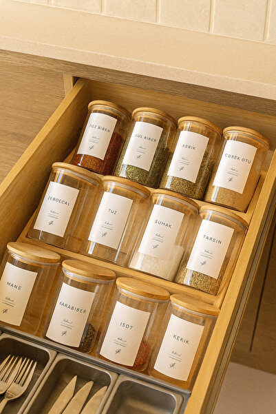 Mottogo 12-Piece Vacuum Spice Rack Set 300 ml – Drawer & Countertop – Bamboo with 3-Tier Ladder Stand