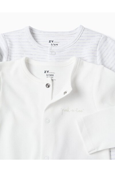 Ziddy Pack of 2 Cotton Sleepsuits for Newborns 'Peek', White/Grey