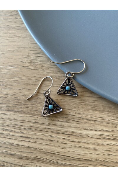 dela otantik Silver Color Turquoise Stone Triangle Dangle Earrings - Ethnic Authentic Bohemian Beaded Bijouterie Jewelry