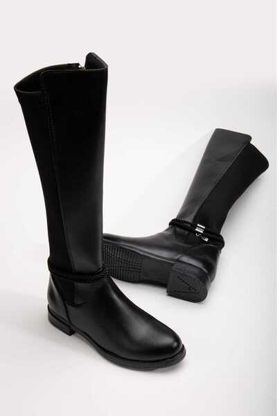 ünverdi Women's Black Diver Fabric Knee-High Boots Flexis