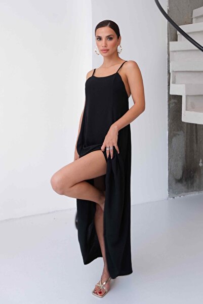 Kozac Aerobin Kumaş Ayarlanabilir Askılı Uzun Siyah Elbise