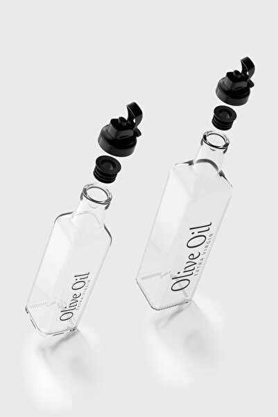 Renga Oslo Black Lid Olive Oil Written 250 ml and 500 ml Set of 2 Glass Oil Bottles 152001