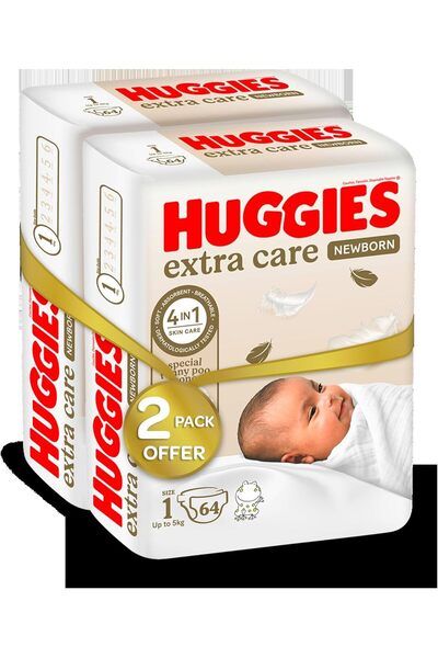 Huggies Extra Care Newborn, Size 1, Up to 5 kg, Twin Jumbo Pack, 128 Diapers