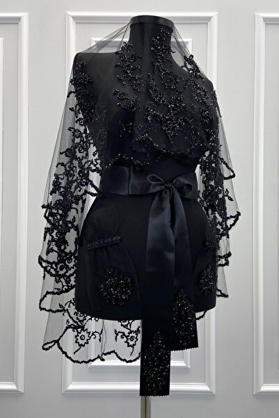 ZEYMERADE Siyah Gelin Duvak Seti, Cam Boncuk ve Pul Baskılı Kına Duvağı Yüz Ö...