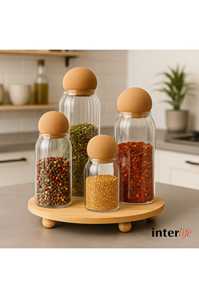 İnterlife 4 قطع من برطمانات زجاجية مخططة مع قاعدة قدمية وأغطية كروية من الفلي...