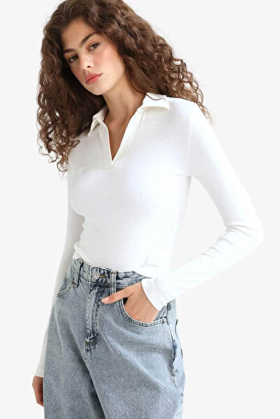 DeFacto Tricou cu mânecă lungă pentru femei, cu guler polo, simplu, simplu, modal, alb, E7938AX/WT32