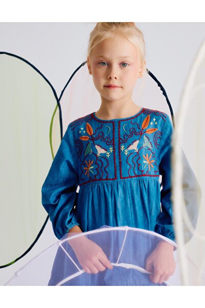 Ziddy فستان جينز قطني مطرز للبنات، أزرق