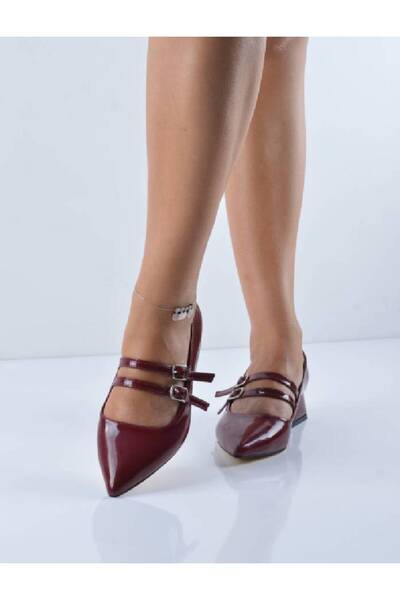Şanslı Ayakkabıcılık Burgundy Patent Leather Double Buckle Square Heel Shoes