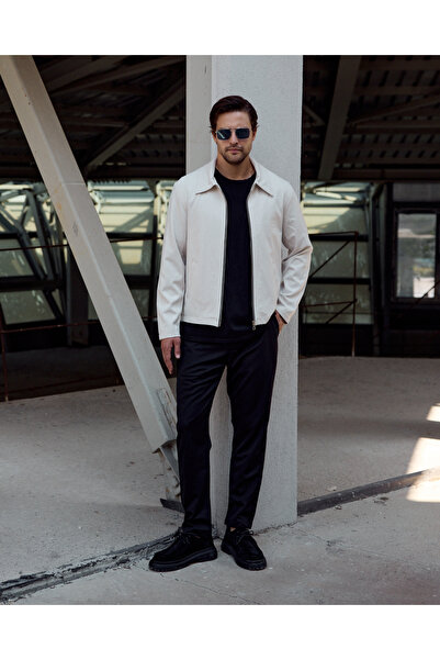 Renvo butik Casual Style Men's Black Plain Zippered Coat